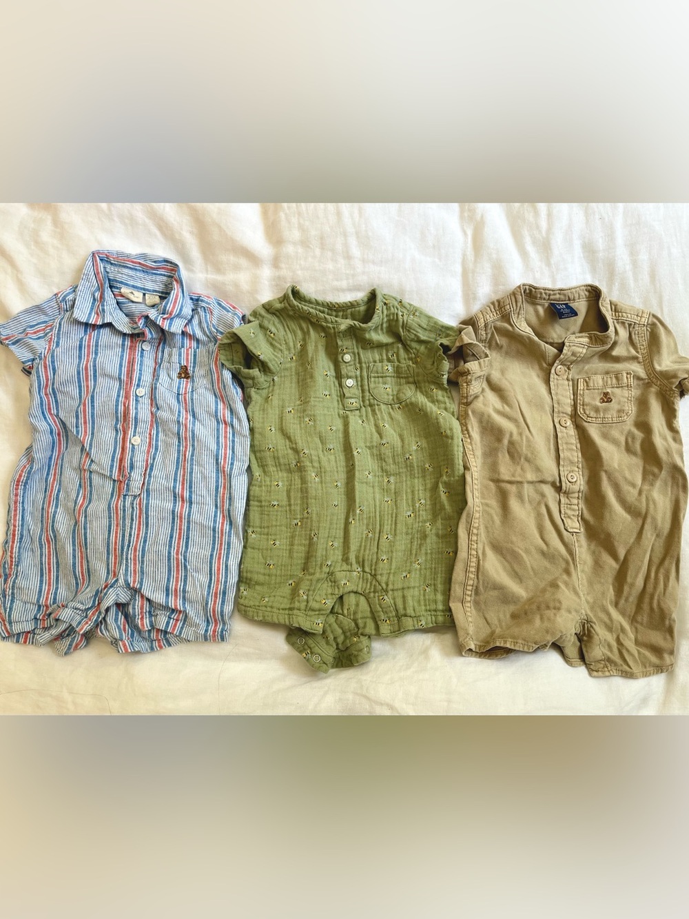 3 GAP Baby Summer Rompers - Gauze Striped Blue Red, Green Bees, Tan Khaki Denim
